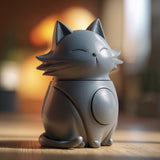 3D printed cat memorial urn with removable lid, smiling cat design and hidden keepsake compartment displayed on a wooden tabletop.