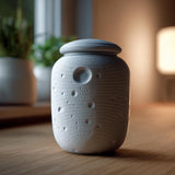 3D printed moon crater memorial urn with rounded lunar texture and removable lid