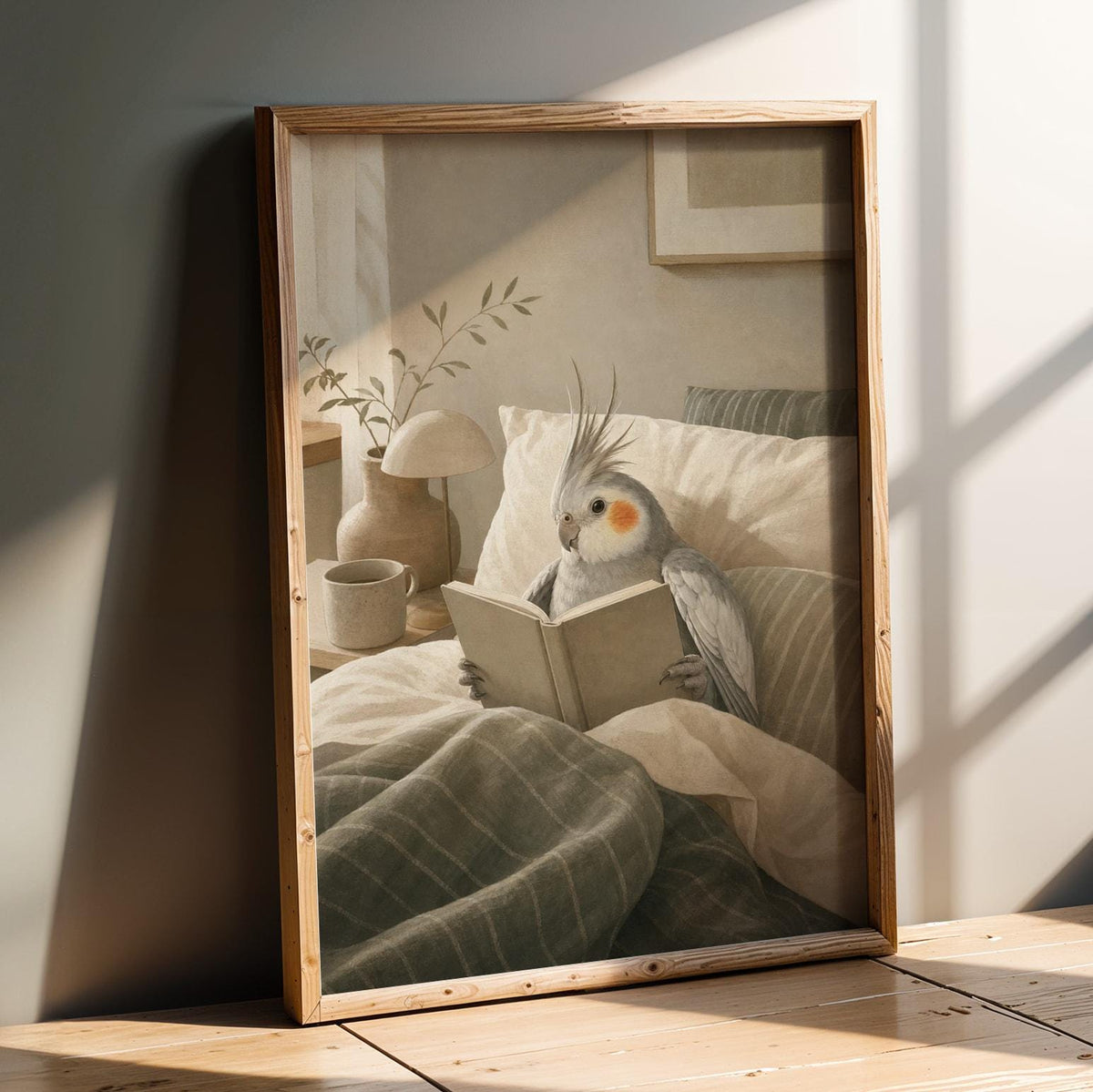 Product presentation view of Silver Cockatiel Reading in Bed Poster.