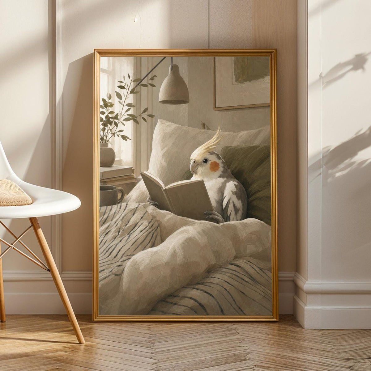 Product view of Pied Cockatiel Reading in Bed Poster.