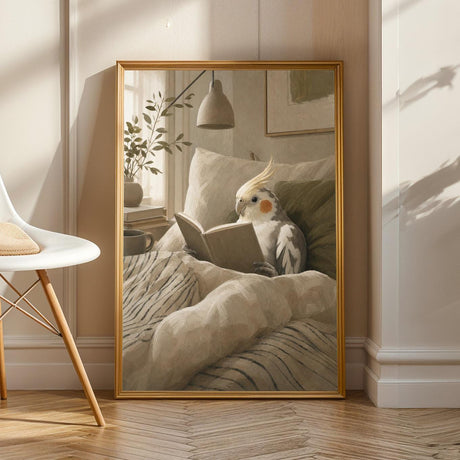 Product view of Pied Cockatiel Reading in Bed Poster.