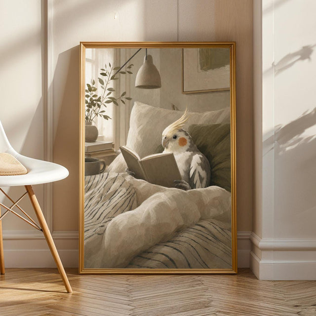 Product view of Pied Cockatiel Reading in Bed Poster.