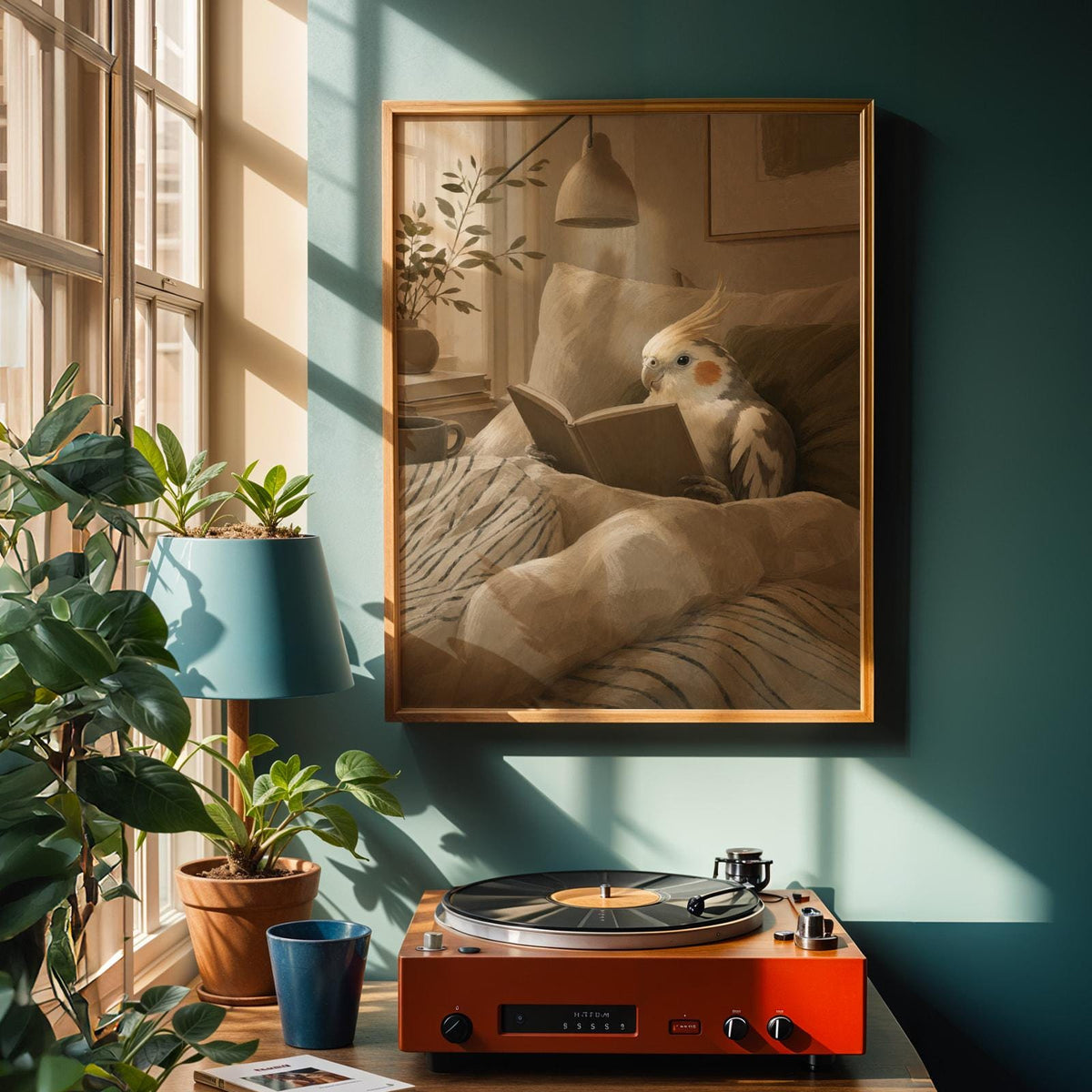 Alternate product view of Pied Cockatiel Reading in Bed Poster.