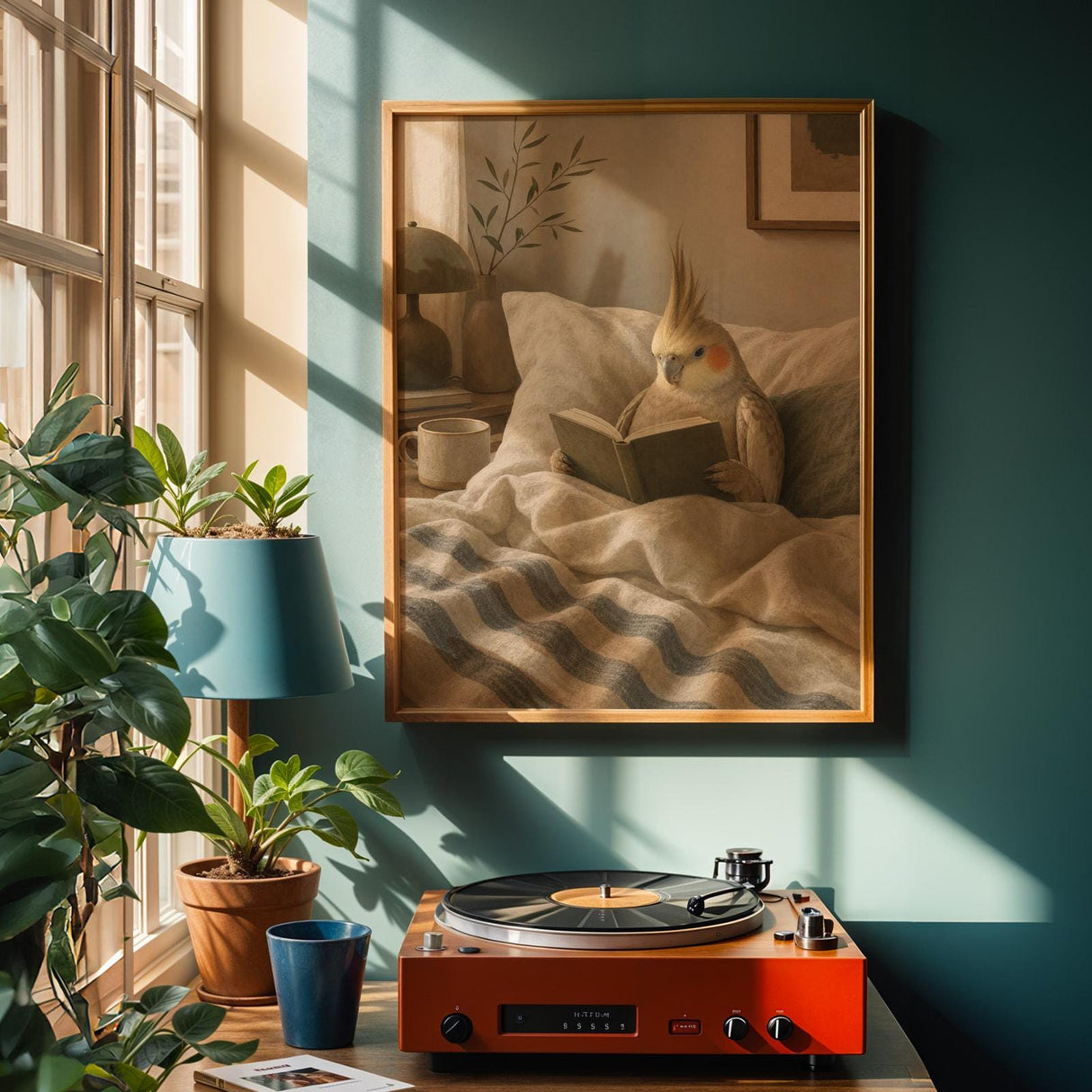 Alternate product view of Cinnamon Cockatiel Reading in Bed Poster.
