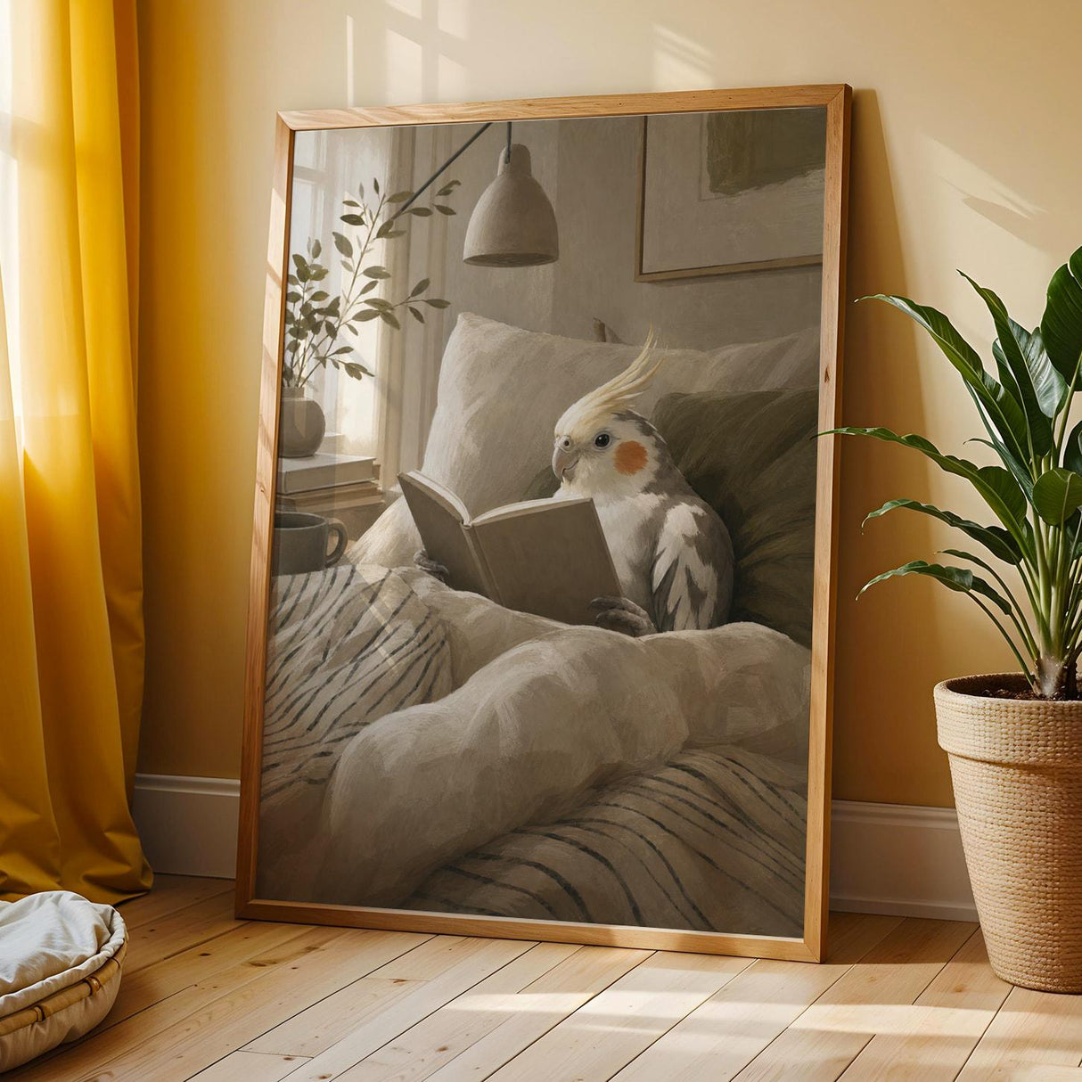 Additional product view of Pied Cockatiel Reading in Bed Poster.