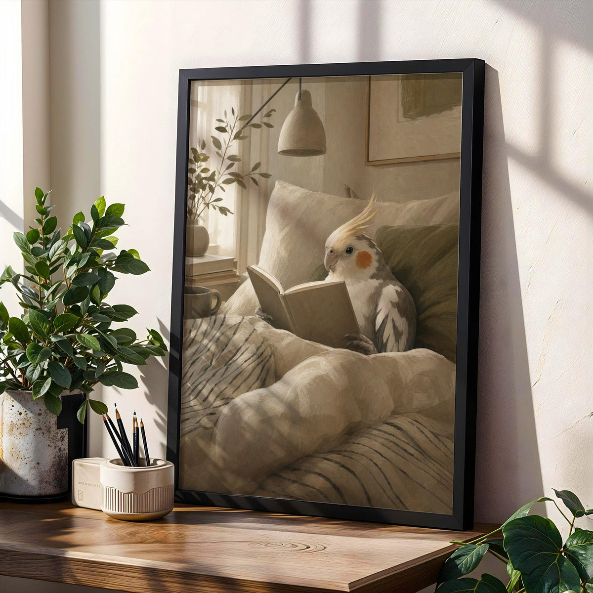 Product gallery view of Pied Cockatiel Reading in Bed Poster.