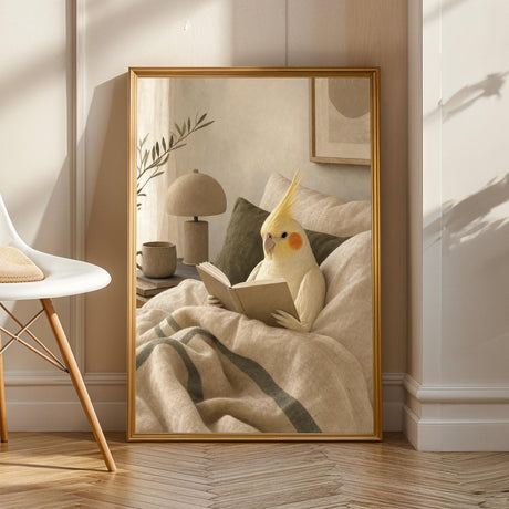 Product view of Lutino Cockatiel Reading in Bed Poster.