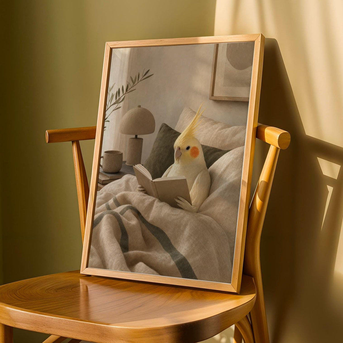 Product detail view of Lutino Cockatiel Reading in Bed Poster.