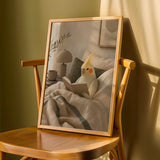 Product detail view of Lutino Cockatiel Reading in Bed Poster.