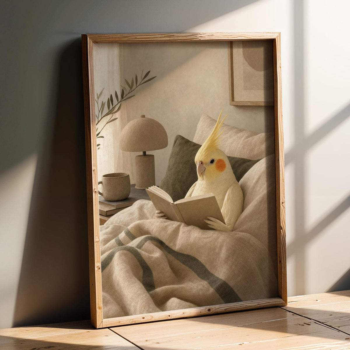 Product presentation view of Lutino Cockatiel Reading in Bed Poster.