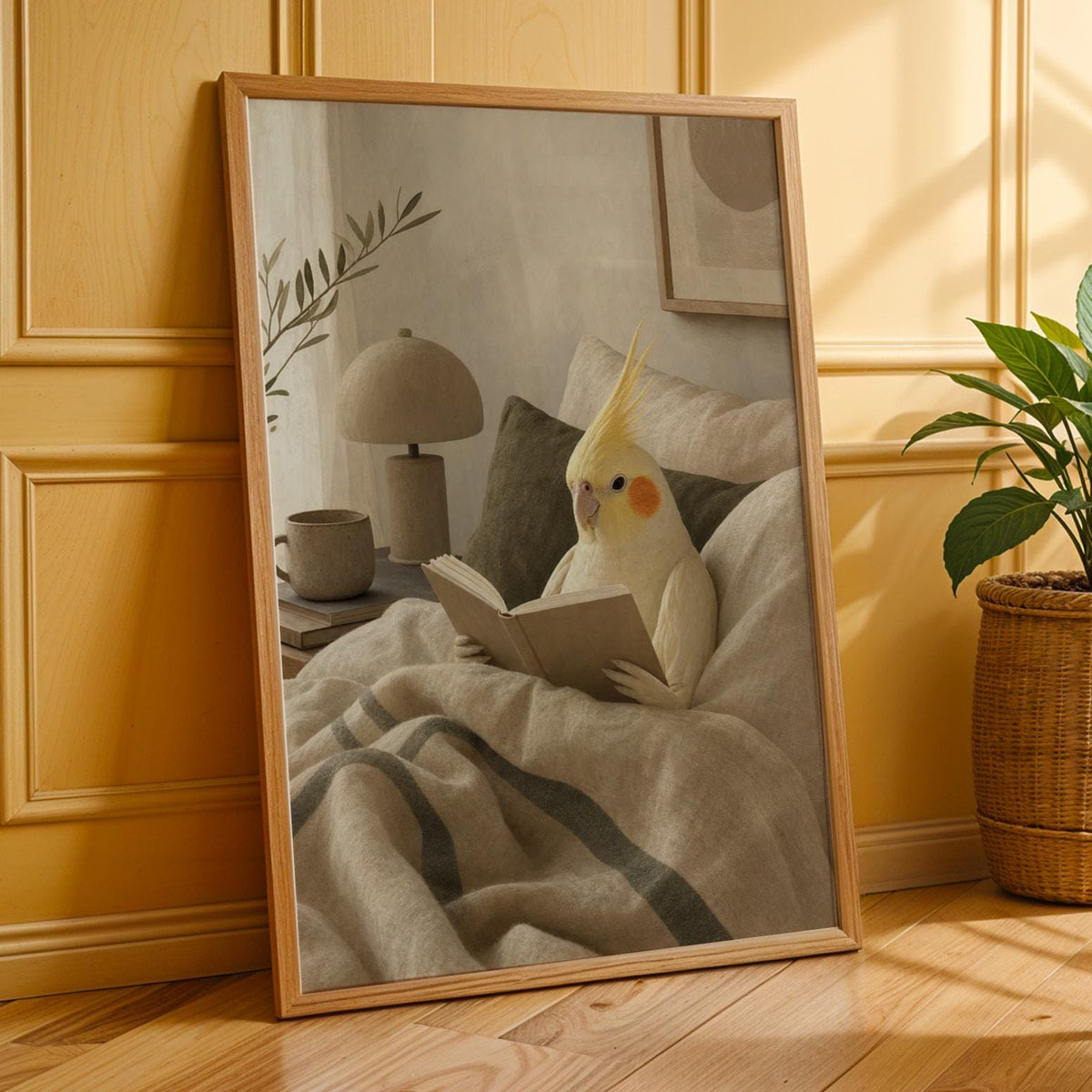 Additional product presentation of Lutino Cockatiel Reading in Bed Poster.