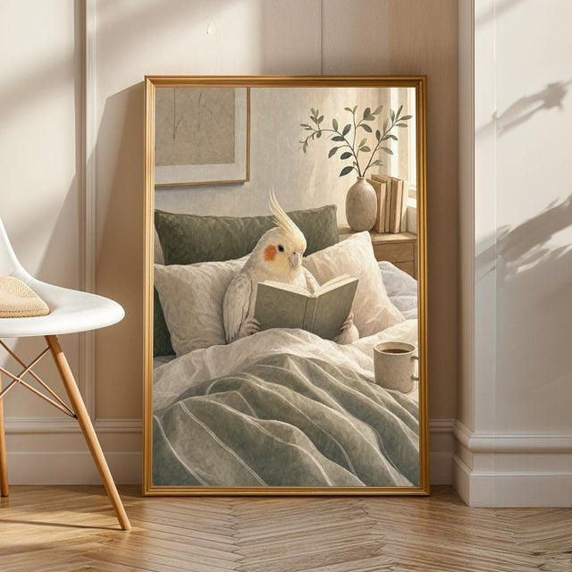 Product view of Pearl Cockatiel Reading in Bed Poster.
