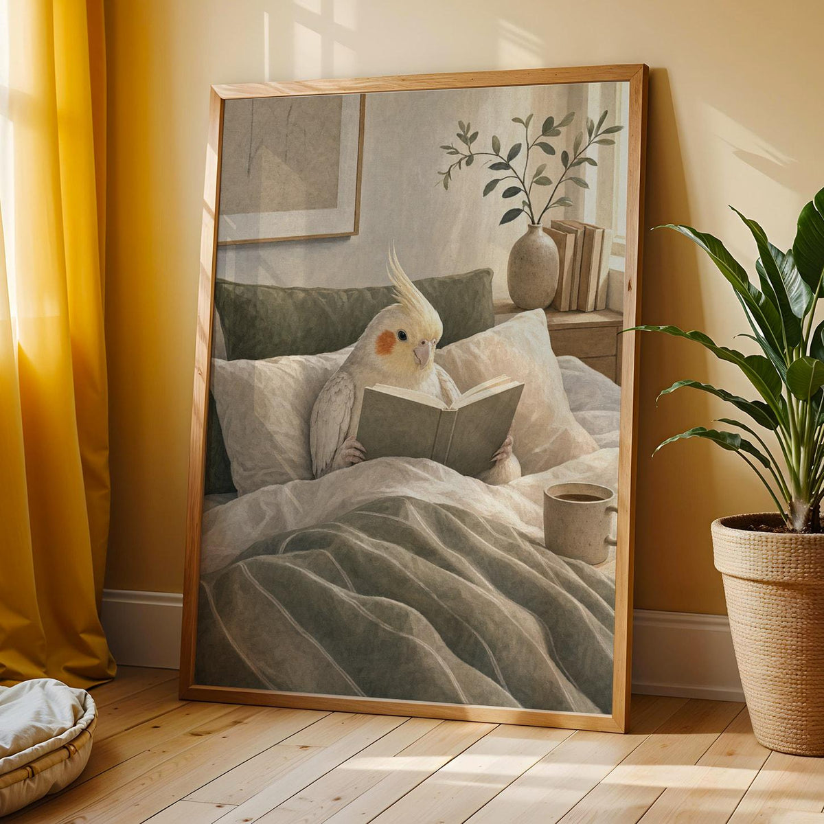 Additional product view of Pearl Cockatiel Reading in Bed Poster.