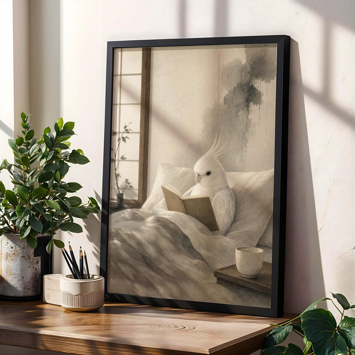 Cockatiel reading poster shown in a room setting.