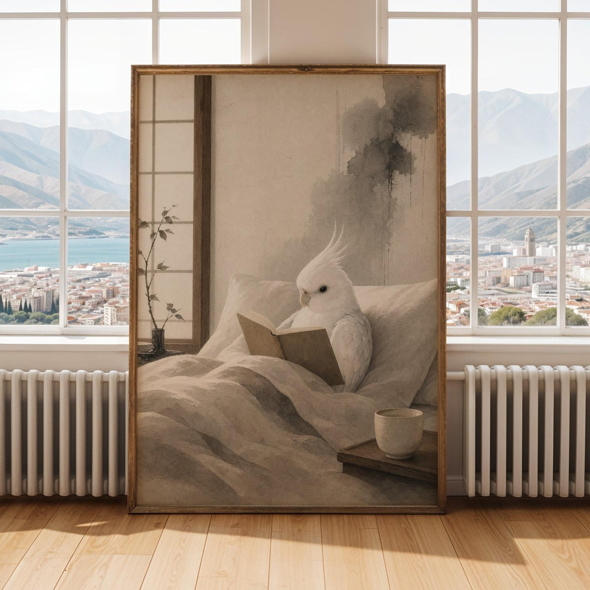Alternate room view of the cockatiel reading poster.