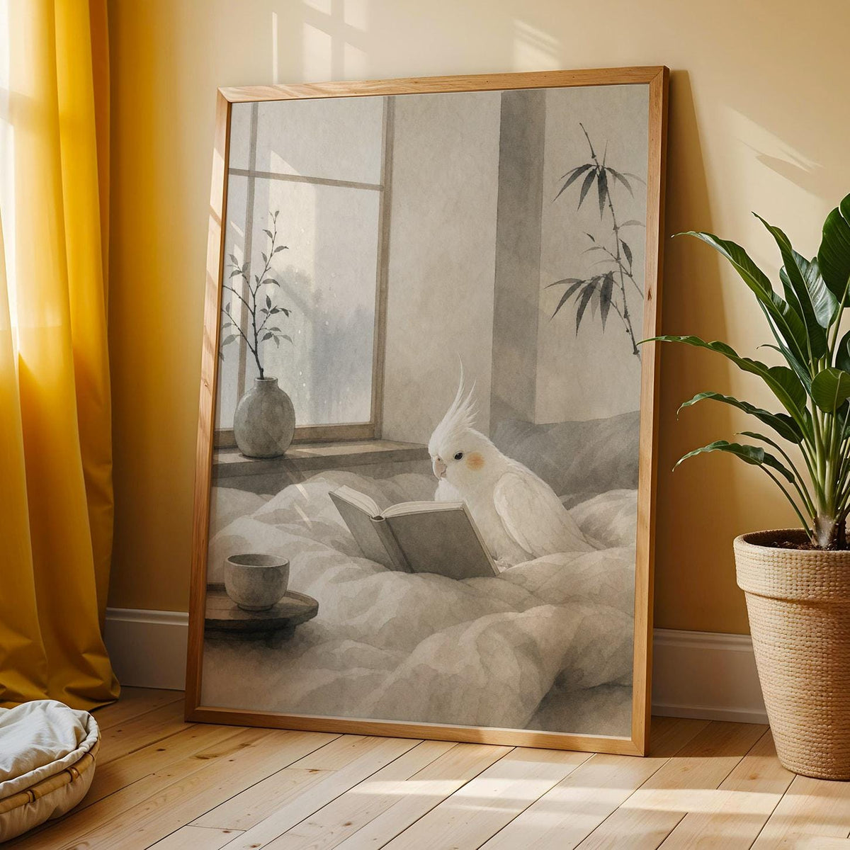 Additional product view of Albino Cockatiel Reading in Bed Poster.