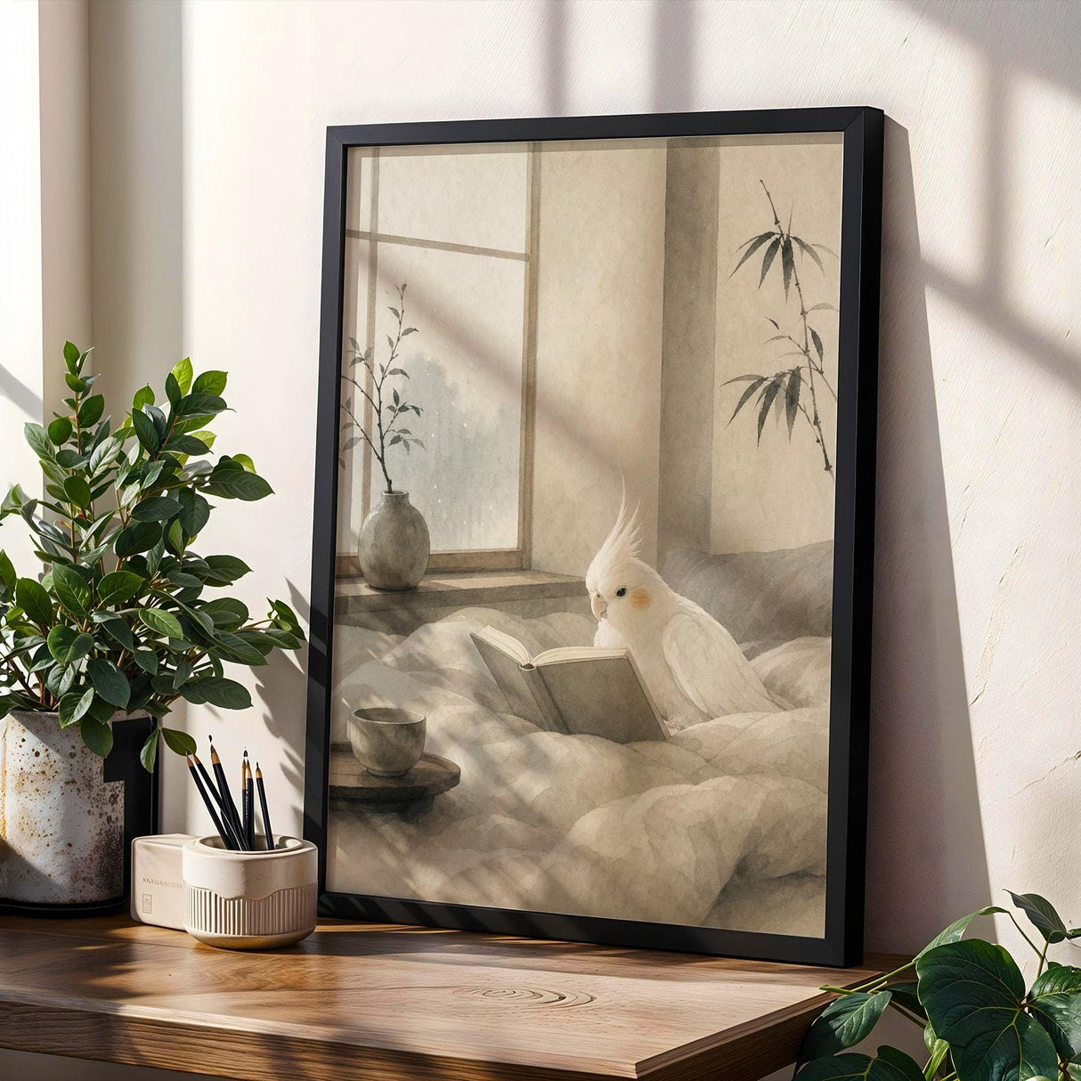 Product gallery view of Albino Cockatiel Reading in Bed Poster.