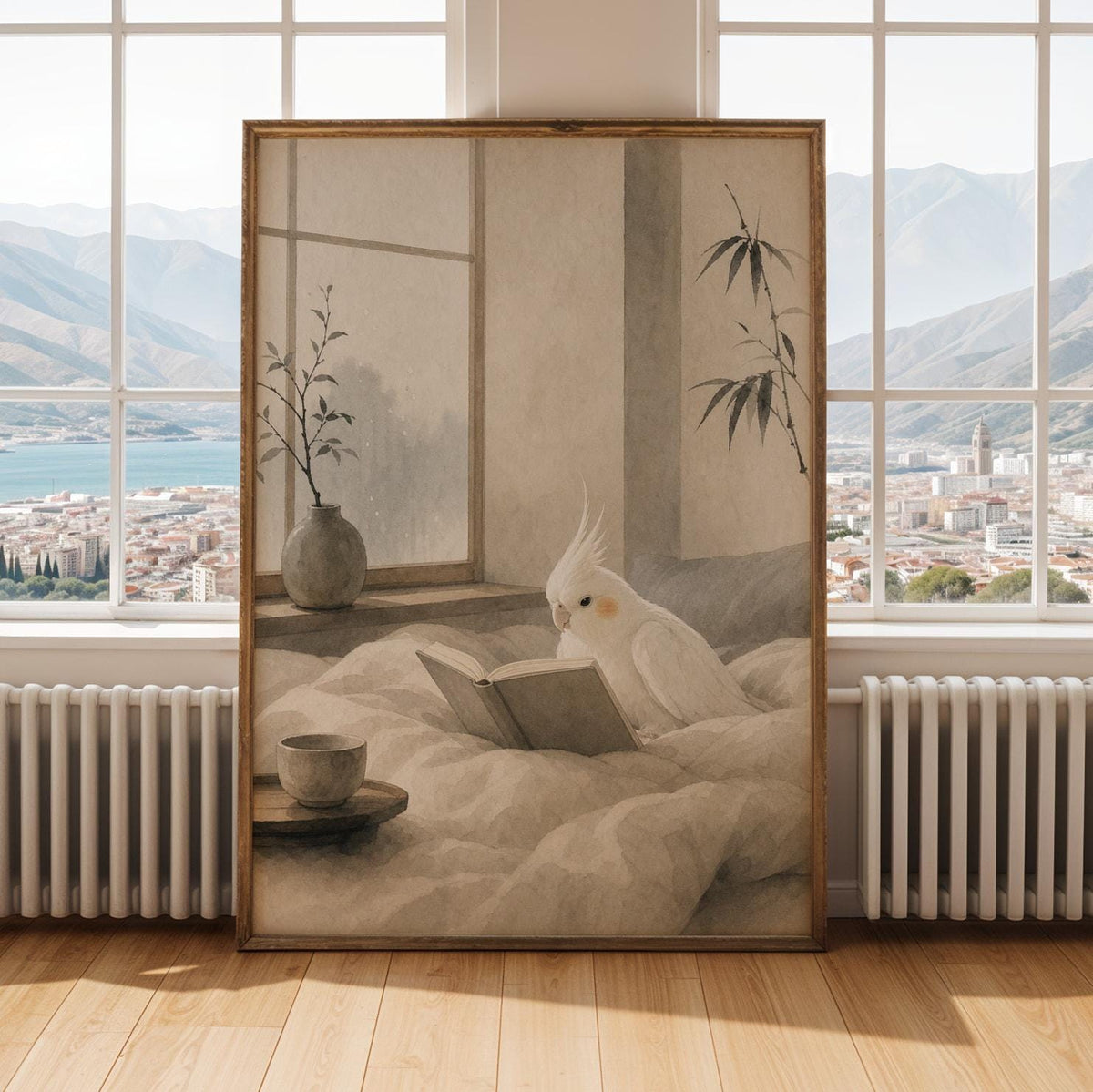 Alternate gallery view of Albino Cockatiel Reading in Bed Poster.