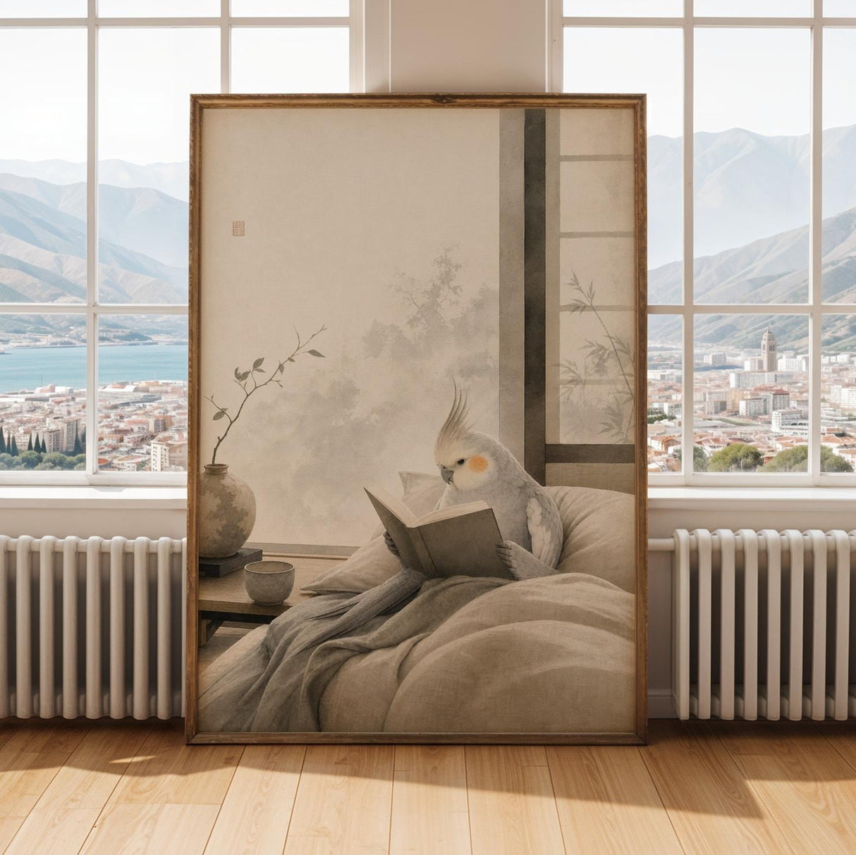 Alternate gallery view of Light Silver Cockatiel Reading in Bed Poster.