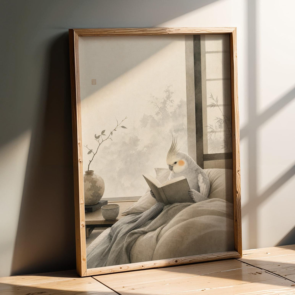 Product presentation view of Light Silver Cockatiel Reading in Bed Poster.