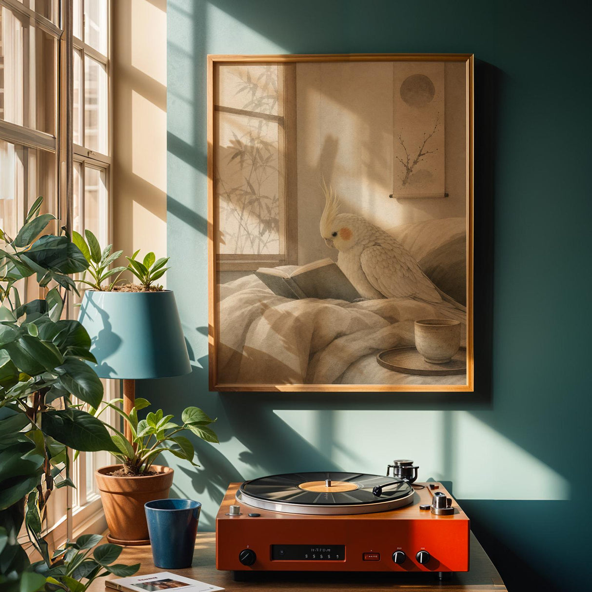 Alternate product view of Pearl Cockatiel Reading in Bed Poster.