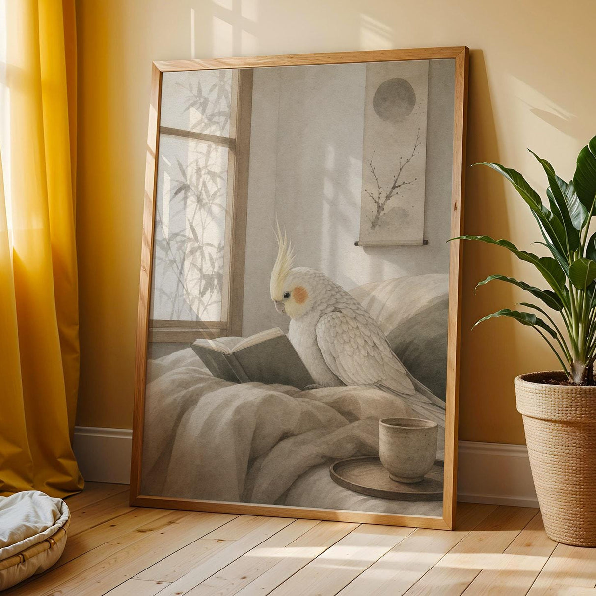 Additional product view of Pearl Cockatiel Reading in Bed Poster.