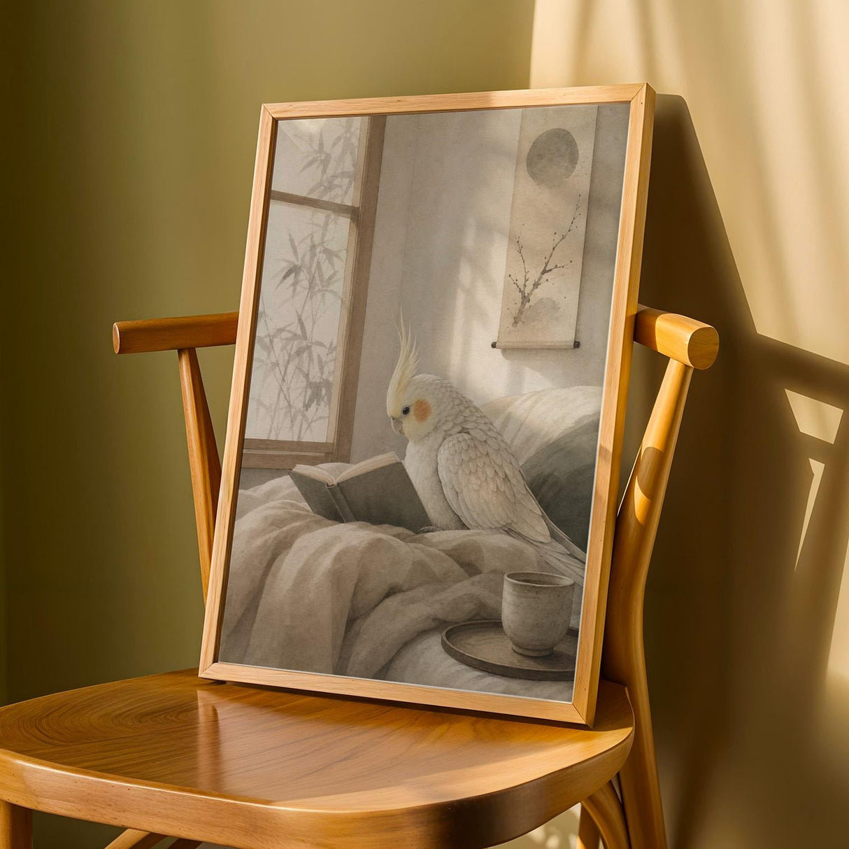 Product detail view of Pearl Cockatiel Reading in Bed Poster.