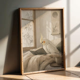 Product presentation view of Pearl Cockatiel Reading in Bed Poster.
