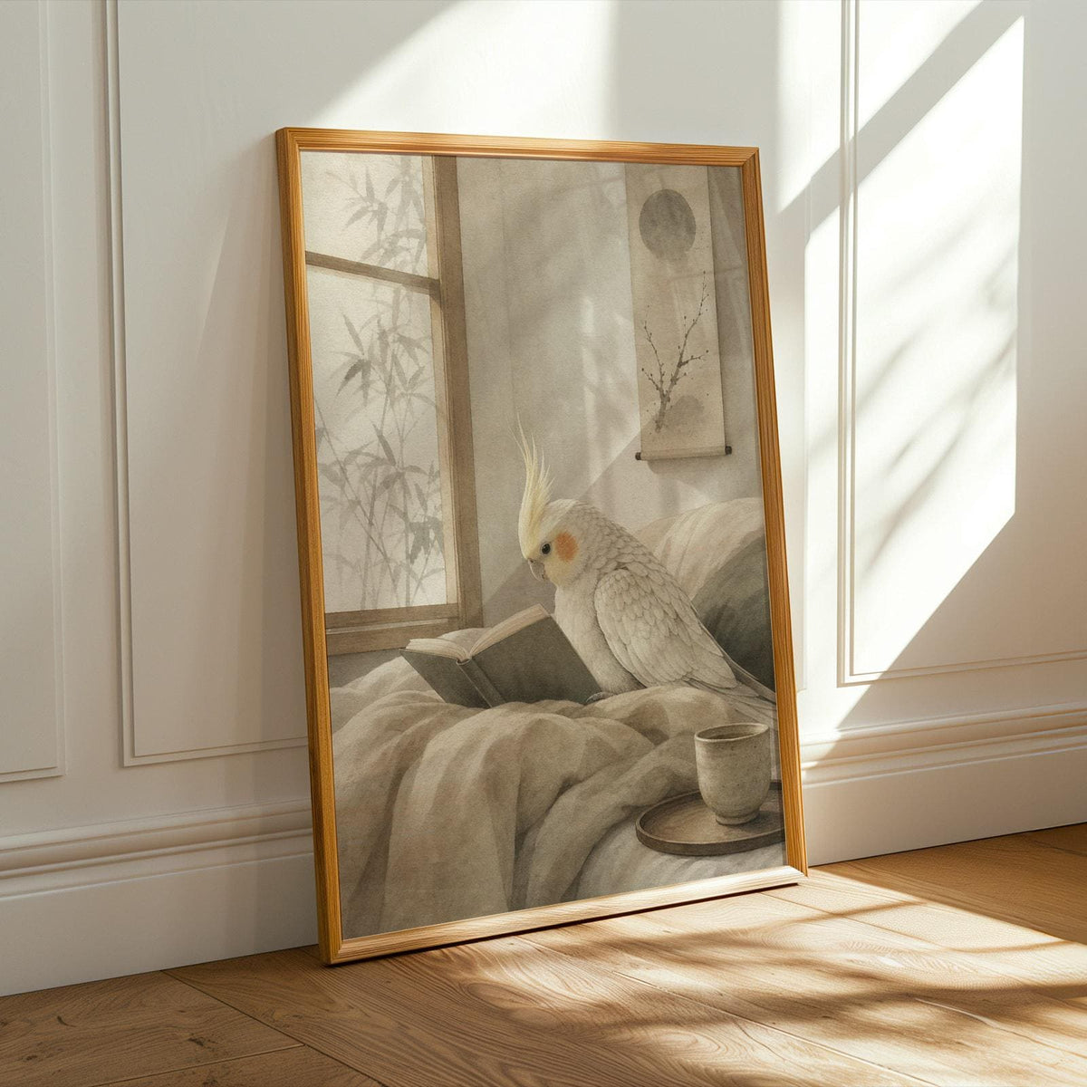 Alternate product presentation of Pearl Cockatiel Reading in Bed Poster.