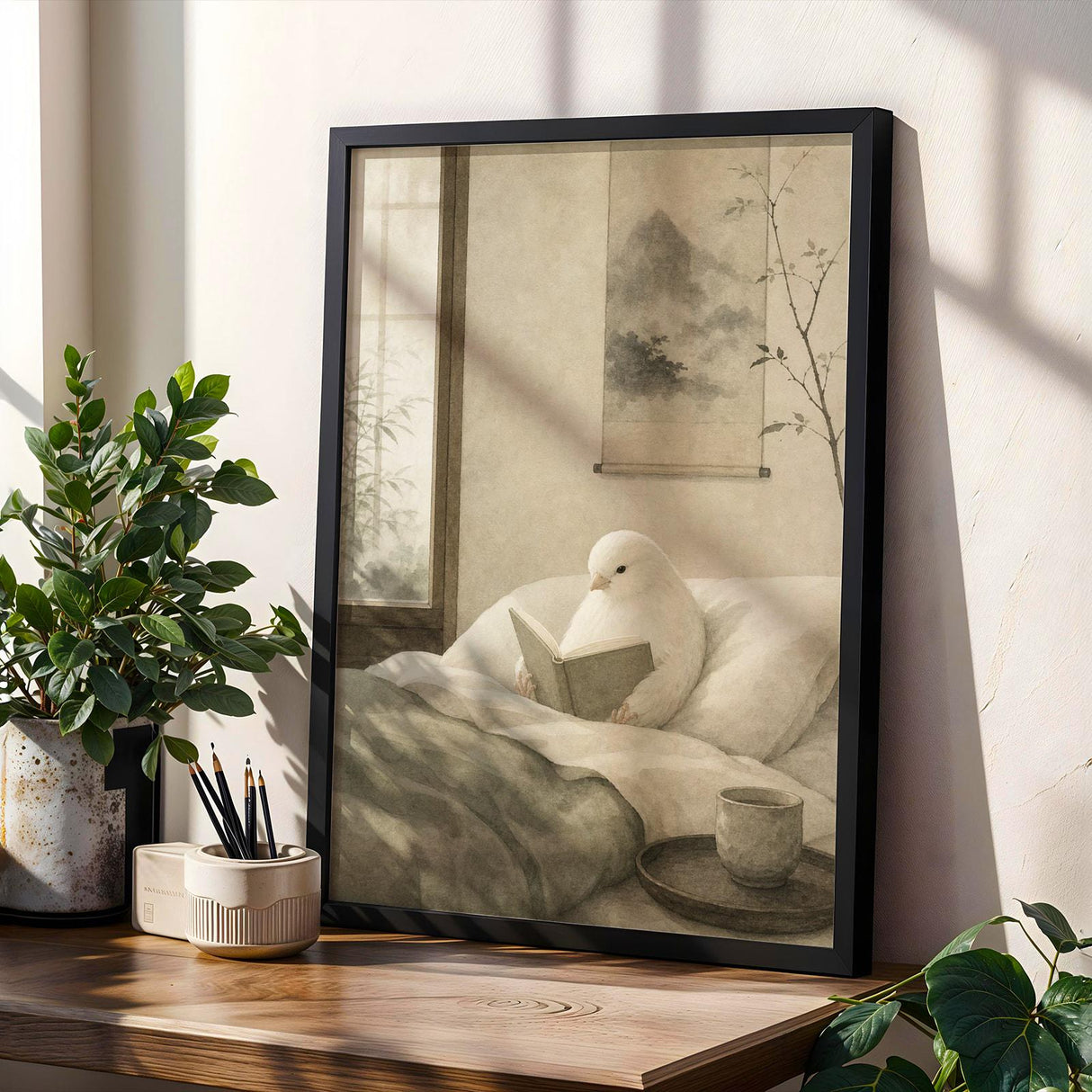 Product gallery view of White Gloster Canary Reading in Bed Poster.