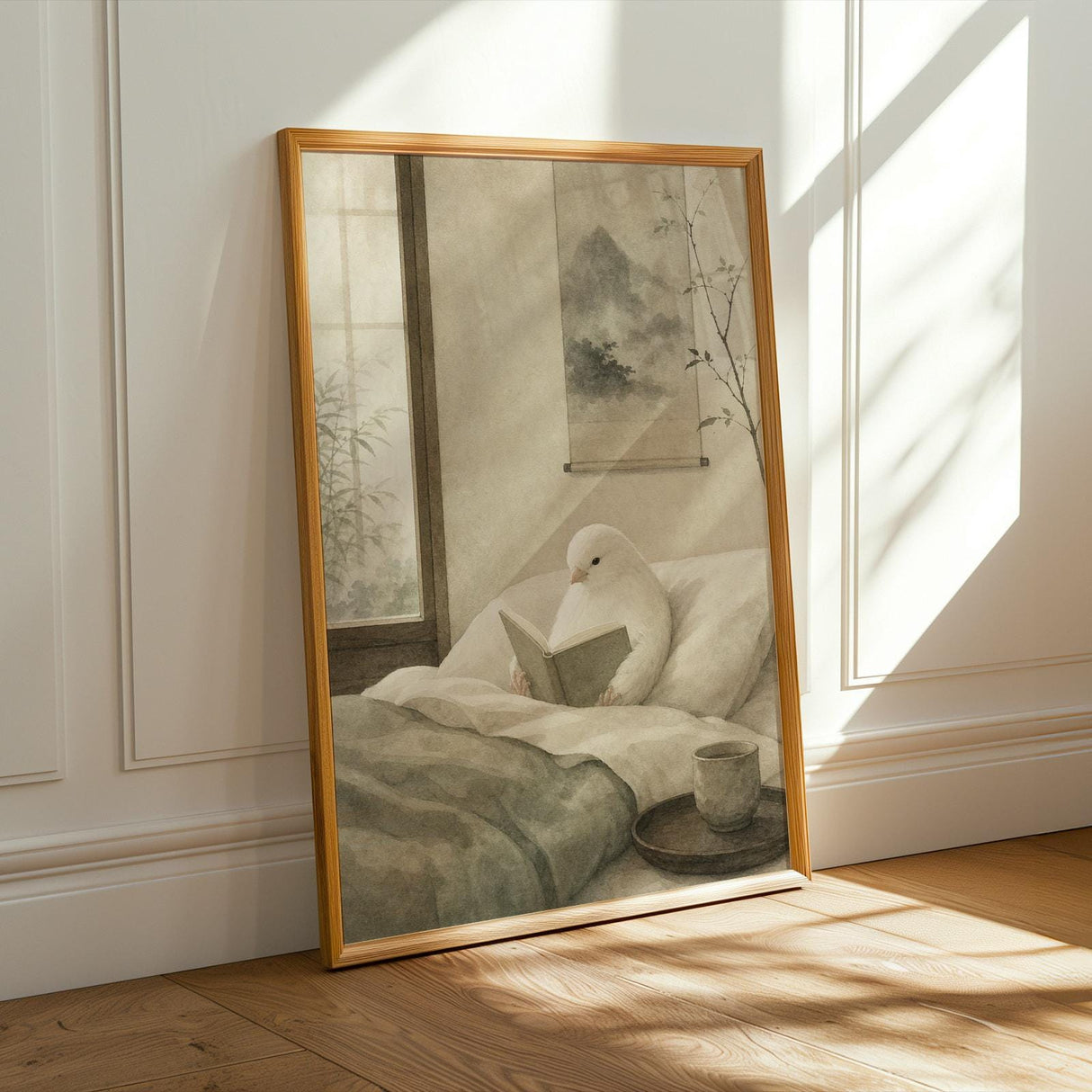 Alternate product presentation of White Gloster Canary Reading in Bed Poster.