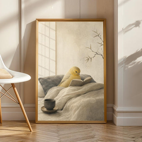 Product view of Roller Canary Reading in Bed Poster.