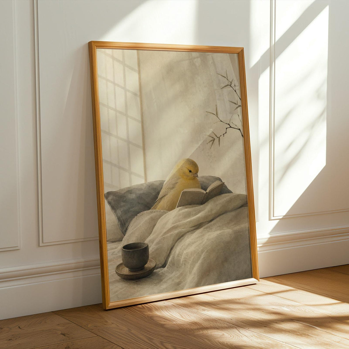 Alternate product presentation of Roller Canary Reading in Bed Poster.