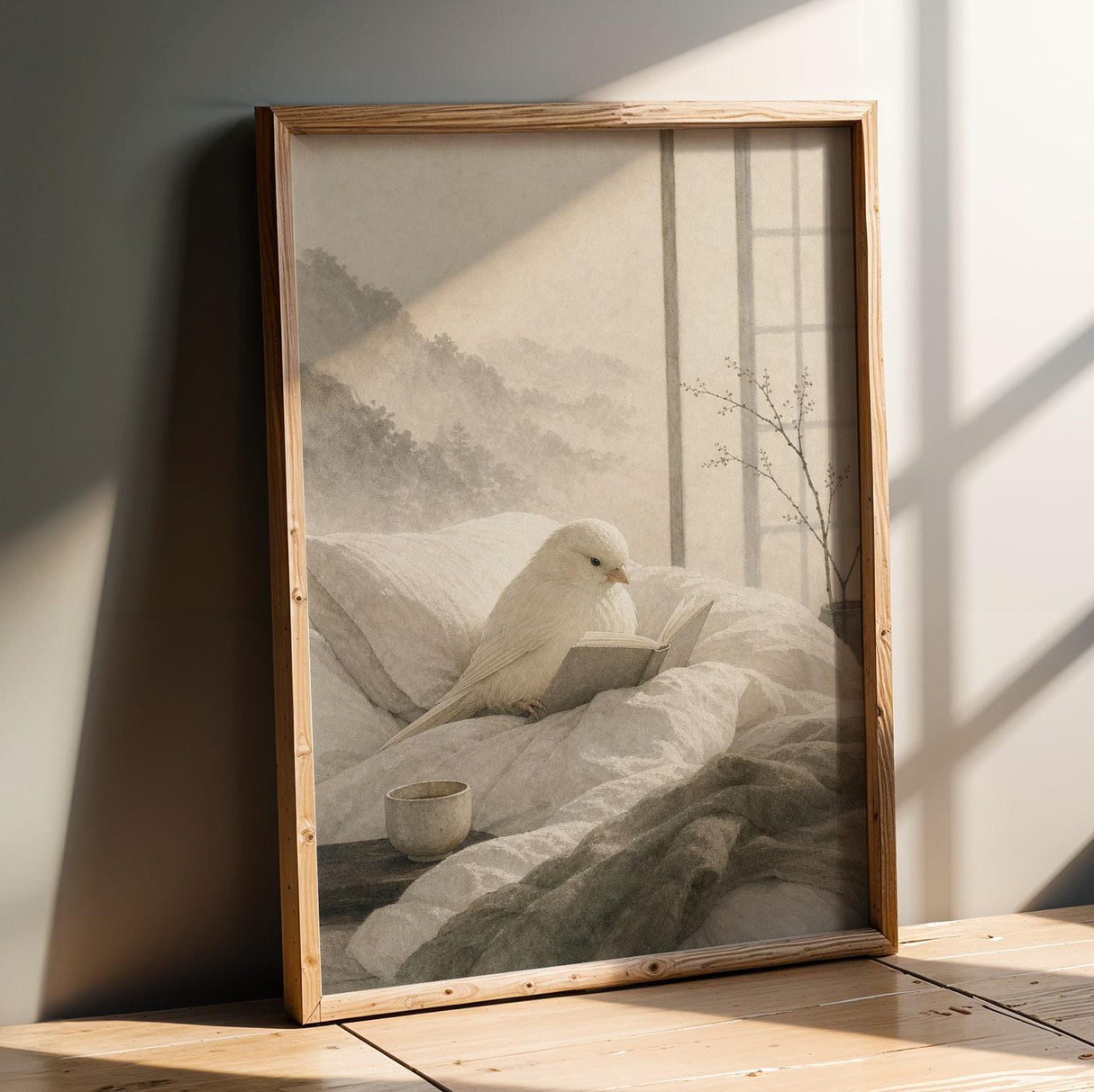 Product presentation view of Yorkshire Canary Reading in Bed Poster.