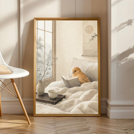 Product view of Cinnamon Canary Reading in Bed Poster.