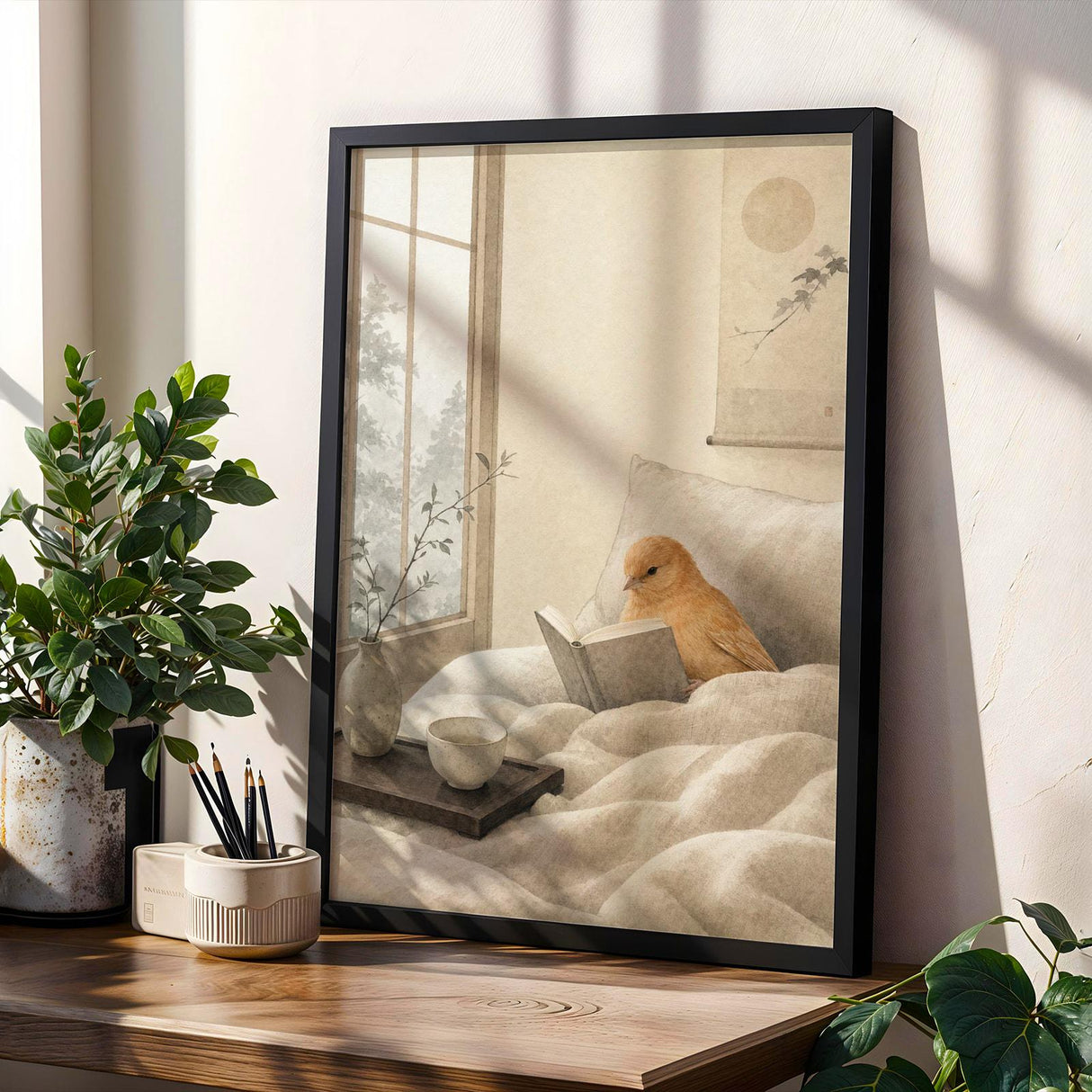Product gallery view of Cinnamon Canary Reading in Bed Poster.