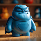Blue 3D printed superhero pet memorial urn with a cape, heart chest detail, mask and smiling face.