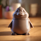 Brown 3D printed duck memorial urn with removable lid, rounded body, small wings, webbed feet and smiling face.