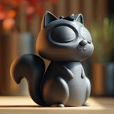 Dark gray 3D printed squirrel memorial urn with removable lid, closed eyes, small nose, pointed ears, curled tail and paws.