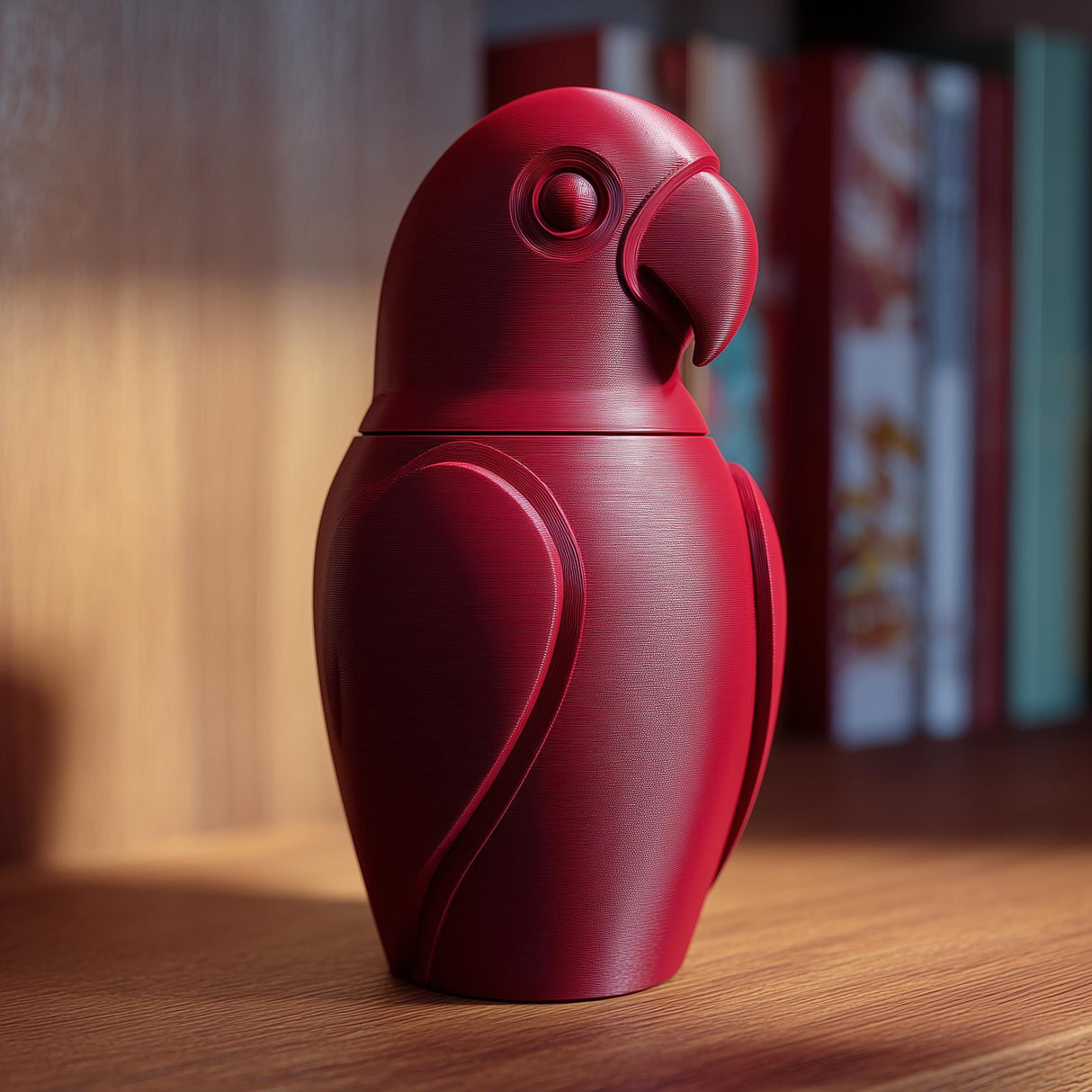 3D printed parrot memorial urn with removable lid displayed on a wooden shelf in warm indoor lighting.