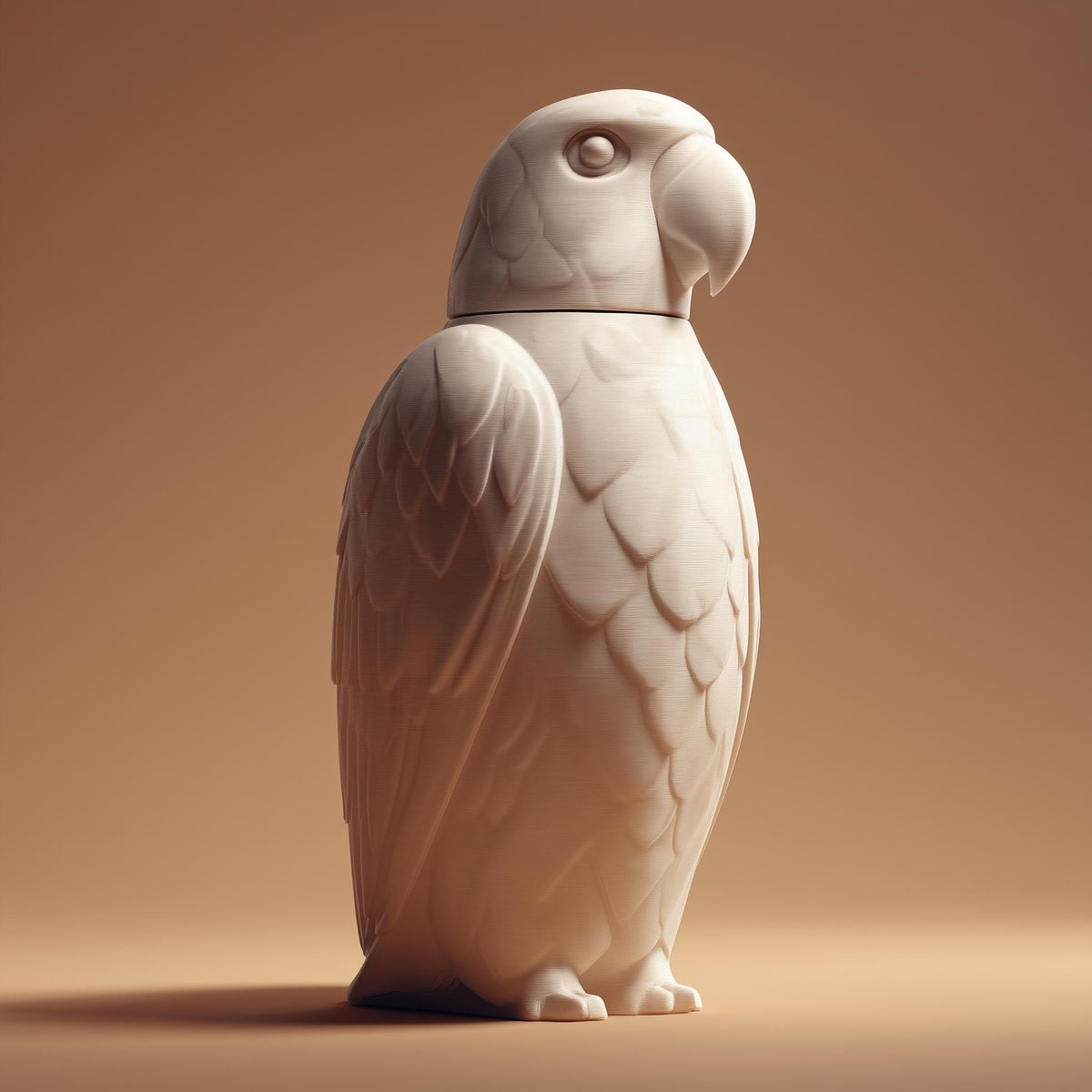 3D printed parrot memorial urn with detailed feather texture and removable lid displayed against a warm neutral background.