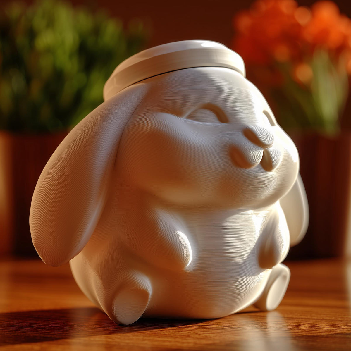 3D printed sleeping bunny memorial urn with removable lid displayed on a wooden table in warm natural lighting.