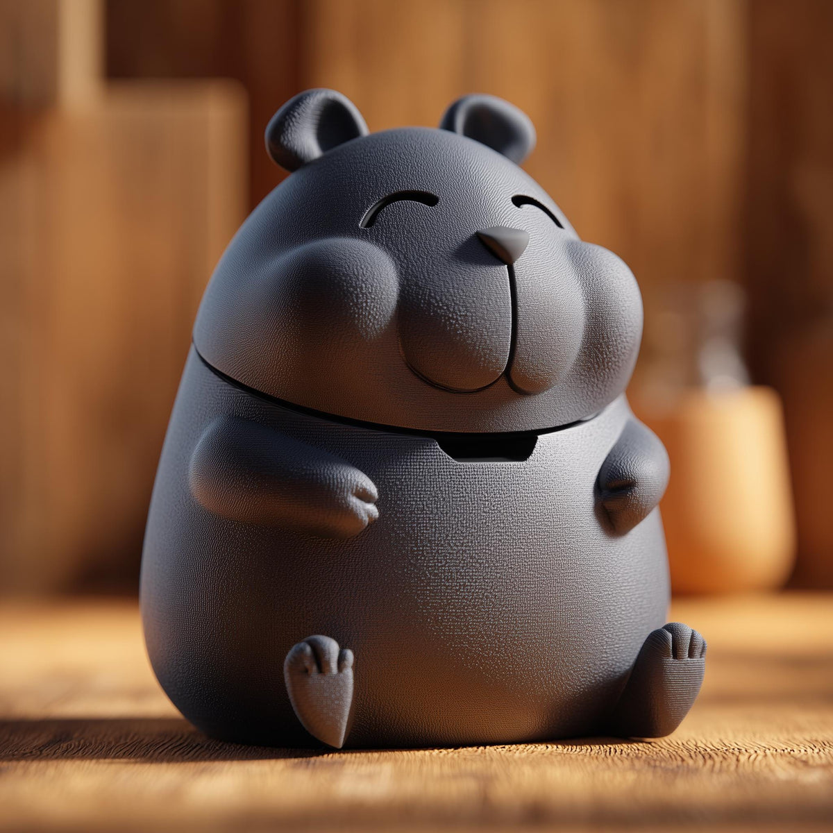 3D printed hamster memorial urn with removable lid displayed on a wooden table in warm cozy lighting.