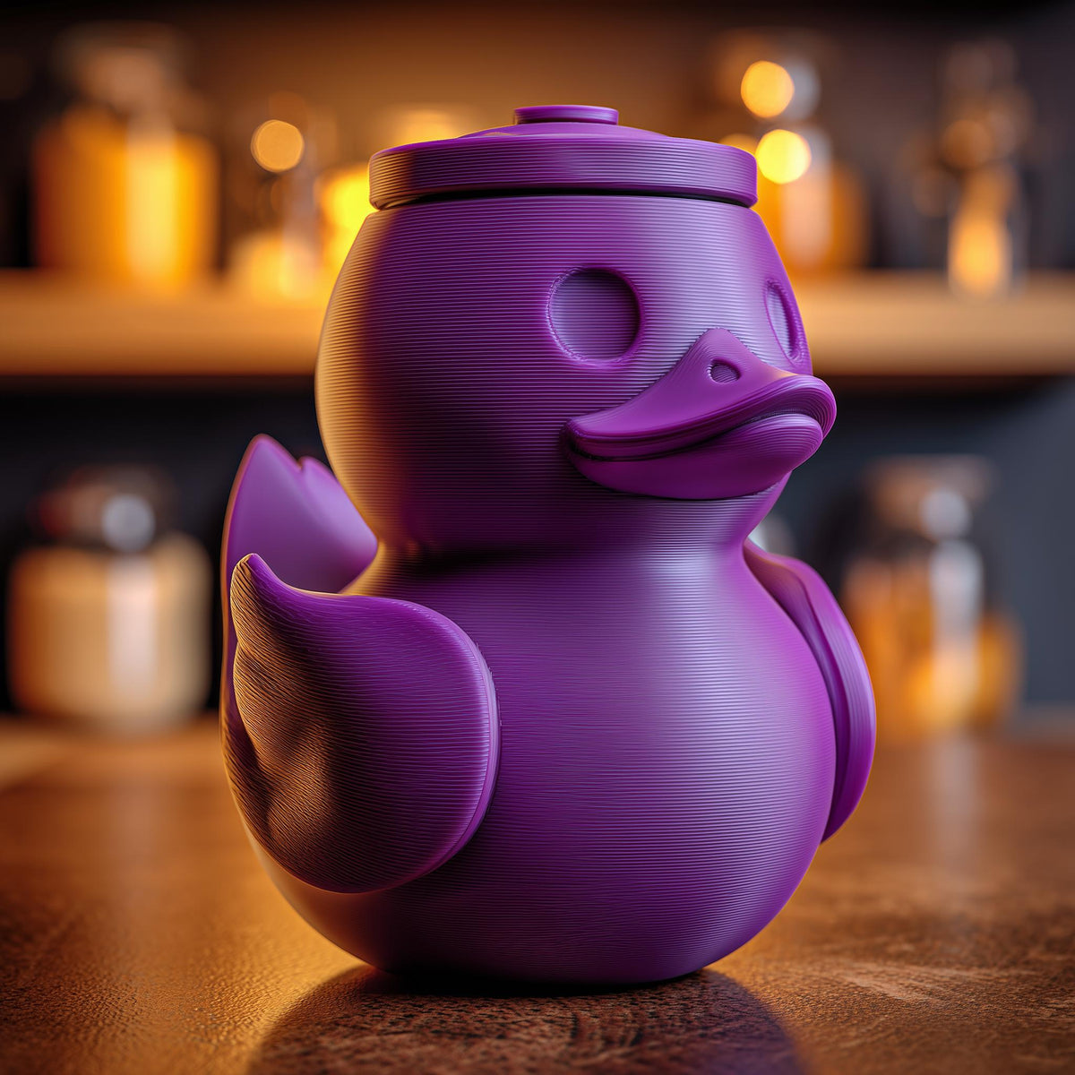 3D printed duck memorial urn with removable lid displayed on a wooden table in warm indoor lighting.