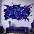 Purple and blue neon cyberpunk dragon wall decal bursting through a cracked wall, with glowing eyes and spread wings.