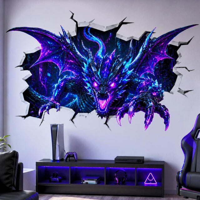 Purple and blue neon cyberpunk dragon wall decal bursting through a cracked wall, with glowing eyes and spread wings.