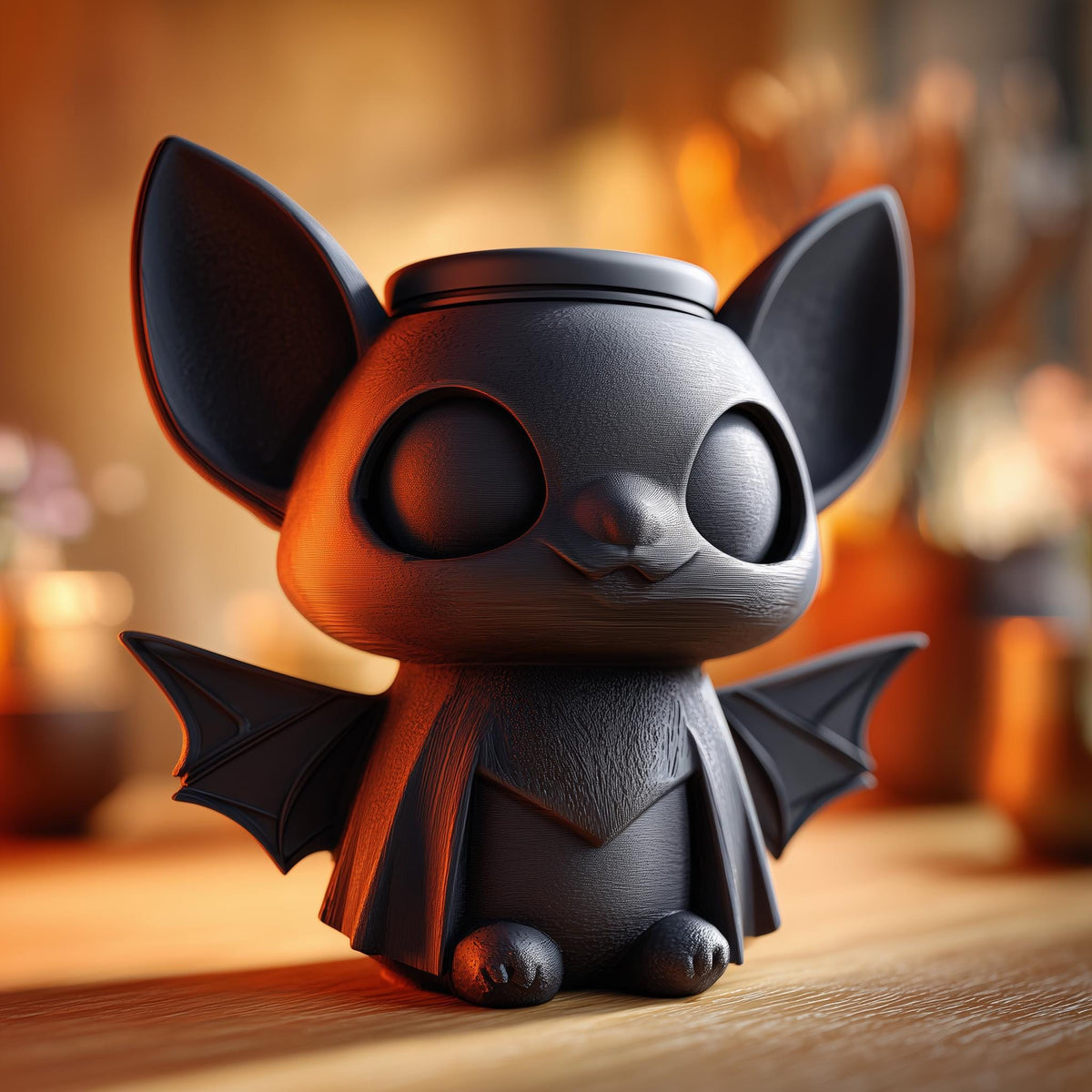 3D printed bat memorial urn with large ears and folded wings.