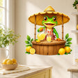 Bright green cartoon frog in a striped apron serving lemonade from a wooden stand with a straw canopy and pitcher and glass.