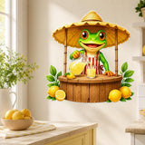 Bright green cartoon frog in a striped apron serving lemonade from a wooden stand with a straw canopy and pitcher and glass.