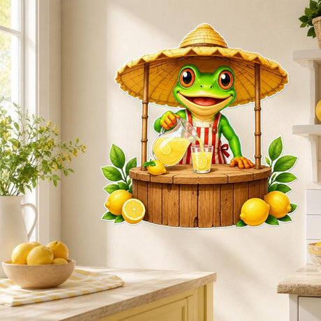 Bright green cartoon frog in a striped apron serving lemonade from a wooden stand with a straw canopy and pitcher and glass.